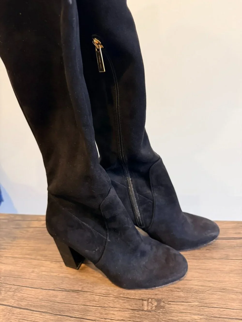 Black Suede Knee-High Heeled Boots